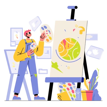 An artist stands in front of a large canvas, focused on painting. The canvas displays an abstract interpretation of a "cricket ball," with swirling patterns and vibrant "bright colors" like red, blue, yellow, and green. The artist holds a paintbrush, dabbing it into a palette filled with various "bright colors." Various paint splatters are visible around the easel, contributing to the lively atmosphere of the scene. The background is filled with other artworks, showcasing the artist's creativity and passion for painting.