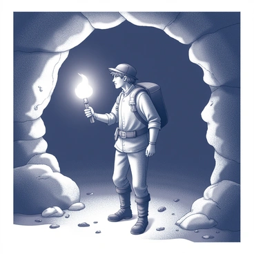 A brave adventurer is standing inside a dark cave. The adventurer is wearing rugged clothing and a leather strap bag slung over one shoulder. In one hand, they are gripping a flaming torch that casts flickering light across the rocky walls. Shadows dance along the surfaces, highlighting the rough textures of the cave's stone. The ground beneath the adventurer's feet is uneven, scattered with small rocks and debris from the cave's ceiling. The adventurer's expression is focused and determined as they explore the depths of the cave.