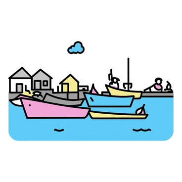 A small harbor with several fishing boats gently rocking in the clear blue water. The boats are painted in various bright colors, such as red, blue, and yellow, creating a vibrant contrast. The harbor is lined with wooden docks that extend into the water. A few fishermen are seen preparing their fishing gear at the edge of the docks. In the background, there are small buildings with sloping roofs, painted in light hues. The sky above is clear with a few fluffy clouds drifting.