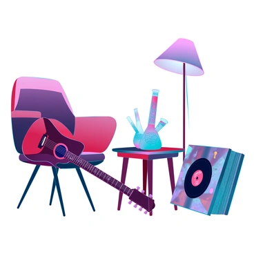 A vibrant musical jam session taking place in a cozy, well-lit room. In the center, there is an acoustic guitar resting against a chair. Beside the guitar, a colorful bong with intricate designs is positioned on a small wooden table. Next to the table, a stack of vinyl records, featuring various album covers, is leaning against the wall. The atmosphere is lively, with soft shadows and the warm glow of a nearby lamp illuminating the scene.