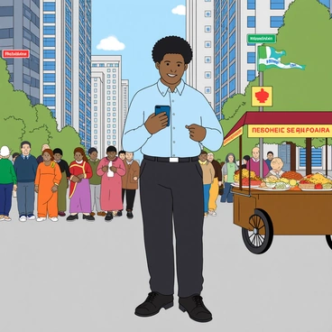 A young professional with medium skin and short curly black hair, wearing a light blue shirt and smart black trousers, is standing on a busy street in a bustling city. Surrounding him are various tall buildings made of glass and concrete, reflecting the sunlight. He holds a smartphone in one hand, looking at a map on the screen. Colorful street signs in different languages are visible nearby, and a diverse crowd of people walks by, including someone wearing a traditional outfit. A street vendor with a cart offers local cuisine, with vibrant food items on display. The scene captures an energetic atmosphere, full of life and movement.