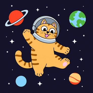 A cartoon cat with large, expressive eyes and a fluffy tail is wearing a shiny silver astronaut helmet. The cat is floating in outer space with its paws outstretched. It has a playful grin on its face. Surrounding the cat are various colorful planets, including a bright red one with rings and a blue one with green patches. Numerous twinkling stars are scattered throughout the dark background of space. The cat's fur is a soft orange color with darker stripes, adding to its whimsical appearance.