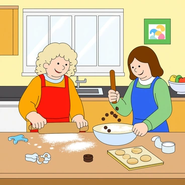 A bright and cheerful kitchen filled with natural light. Two children, one with curly blonde hair and the other with straight brown hair, are excitedly baking cookies. They are wearing colorful aprons, one red and one blue. Flour is dusted across the countertop, and scattered ingredients like sugar, chocolate chips, and eggs are visible. The blonde child is using a rolling pin to flatten the dough, while the brown-haired child is carefully pouring chocolate chips into a mixing bowl. There are cookie cutters in various shapes on the counter, and a tray with unbaked cookies is placed nearby. The kitchen is decorated with colorful wall art and a bowl of fresh fruit sits on the table.