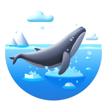 A whale breaching the ocean surface, water splashing around its massive body. The scene features icy waters with various floating ice chunks scattered throughout. The whale's skin displays shades of gray and blue, glistening under the light. Icebergs are visible in the background, highlighting the cold, pristine environment. The sky above is partly cloudy, complementing the chilly atmosphere of the setting.