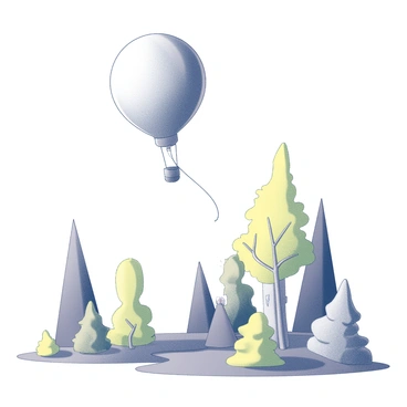 A gas balloon floating gently above a forest characterized by trees with unusual colors. The balloon is round and buoyant, tethered by a thin string. The forest below is filled with trees that have trunks in various shapes and vibrant hues, such as green and yellow. The foliage features leaves in unique patterns and sizes, creating a fantastical landscape. The scene conveys a sense of wonder and imagination, with the balloon casting a subtle shadow on the forest floor.