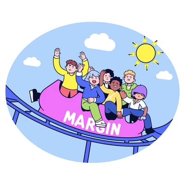 A group of investors is riding a rollercoaster labeled "Margin". The rollercoaster has steep drops and sharp turns, representing the highs and lows of the market. The investors are depicted with excited and anxious expressions, gripping the safety bar tightly. The background features a bright blue sky and a sun shining down. Some investors are throwing their hands up in the air, while others look worried as they navigate the twists and turns of the ride.