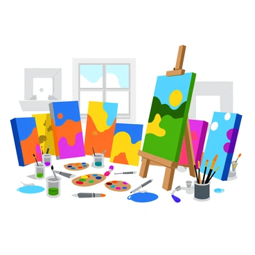 A spacious artist's workspace featuring a wooden easel holding a vibrant canvas in progress. The table is cluttered with an array of paint tubes in various colors, some squeezed out onto a painter's palette. Several brushes of different sizes are scattered across the table, some resting in jars filled with water. Colorful canvases, each showcasing unique designs and splashes of color, lean against the walls. Natural light streams in through a window, illuminating the room and enhancing the vivid colors of the paints and artworks.