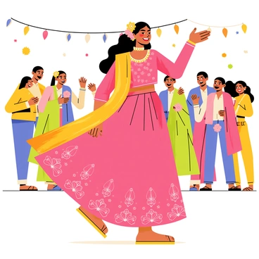 A modern Indian woman wearing a colorful traditional outfit with intricate embroidery is dancing joyfully at a wedding celebration. Her outfit features a bright pink lehenga and a matching dupatta that flows gracefully with her movements. She has long, dark hair adorned with decorative hairpins and flowers. The background is filled with cheerful guests enjoying the celebration, and colorful decorations such as string lights and flowers are visible. The atmosphere is lively, capturing the energy of the wedding festivities.
