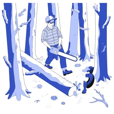 A lumberjack stands confidently in a dense forest, operating a chainsaw with both hands. The lumberjack is wearing a plaid shirt, sturdy work boots, and safety goggles. Around him, tall trees with thick trunks and a variety of foliage create a tightly packed environment. The chainsaw emits visible motion as it bites into the wood of a fallen tree, which has been partially cut through. The ground is scattered with sawdust and small branches, showing the effects of his work. Branches and leaves are present, adding to the wild and natural feel of the scene.