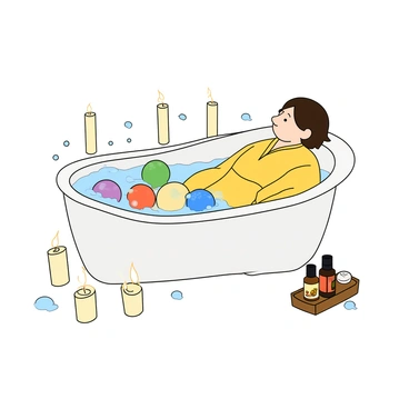 A person with light skin and dark hair is soaking comfortably in a white porcelain bathtub filled with warm water. The bathtub is decorated with colorful bath bombs that are partially dissolved, creating a playful atmosphere. Surrounding the bathtub are several scented candles in various heights, some with flickering flames, casting a soft glow. Bubbles are overflowing from the edges of the tub, creating a whimsical and frothy look. The person is wearing a bright yellow bathrobe, and there are small bottles of essential oils placed nearby on a wooden tray.