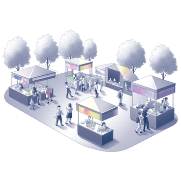 A city park filled with various food stalls showcasing a range of culinary delights. Each stall has colorful banners and canopies, drawing the attention of visitors. In the background, a stage is set up for live music, with performers playing instruments. Groups of people are gathered around, enjoying the music and engaging in energetic dancing. There are families and friends laughing and sharing food, creating a vibrant atmosphere of celebration. Trees line the edges of the park, providing shade and enhancing the lively scene.