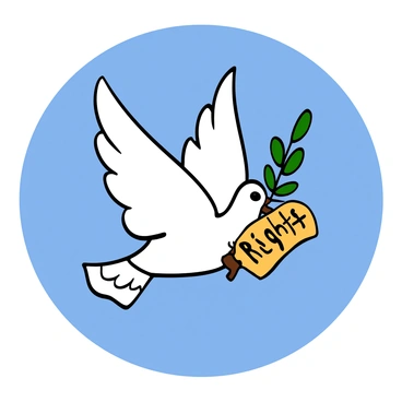 A dove with white feathers soaring through a clear blue sky. The dove is carrying a green olive branch in its beak. Clutched in its talons is a small scroll, partially unfurled, with the word "Rights" written in bold letters. The dove's wings are spread wide, showcasing the delicate details of its feathers as it flies gracefully.