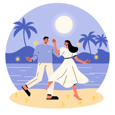 Two people dancing under a full moon on a quiet beach