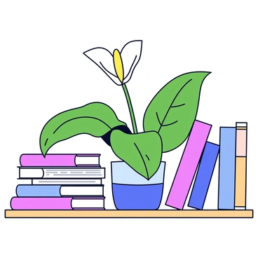 A peace lily with glossy green leaves is positioned on a neatly organized bookshelf. The plant has a white flower emerging from the center, adding contrast to its verdant foliage. Surrounding the peace lily are various books stacked upright, with some lying flat. The bookshelf is made of light wood, and the arrangement gives a sense of order and tranquility to the scene.