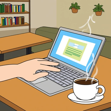 A left hand with lightly tanned skin is positioned above a laptop keyboard, fingers poised over the keys. The laptop has a silver metallic finish and is open to a screen displaying a colorful digital document. The setting is a cozy cafe with wooden tables and soft, warm lighting. In the background, there are shelves filled with books and a few potted plants. A steaming cup of coffee sits on the table beside the laptop, with wisps of steam rising into the air. The ambiance suggests a comfortable, inviting atmosphere ideal for working or studying.