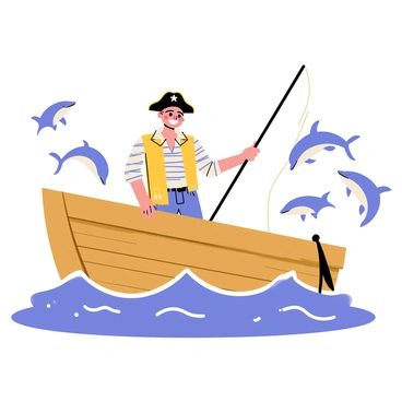 A pirate happily fishing off the side of a boat, surrounded by playful dolphins.