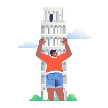 A person with light brown skin and short black hair is standing in the foreground, appearing to hold up the "Leaning Tower of Pisa." The tower has distinctive white and gray marble masonry with arched windows and columned levels. The person is wearing a bright red t-shirt and denim shorts, demonstrating a playful expression. Their arms are extended upward as if providing support to the tower. The sky in the background is clear with a few fluffy white clouds, and green grass surrounds the base of the tower.