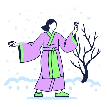 A tai chi practitioner is performing a series of fluid movements in the midst of a gentle snowfall. The practitioner is wearing a loose-fitting traditional outfit, with flowing sleeves that move with the body’s motion. Snowflakes are softly falling around them, settling lightly on their shoulders and hair. The ground is covered in a thin layer of snow, creating a serene atmosphere. In the background, there are bare trees with branches dusted in white, completing the tranquil scene. The practitioner has a focused expression, embodying concentration and harmony.