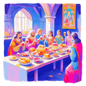 A grand medieval banquet scene takes place in a large hall with stone walls and wooden beams. A long wooden table is laden with an extravagant feast, including roasted meats, large bread loaves, bowls of fruits, and platters of cheese. Candles flicker on the table, casting a warm glow over the food. Nobles in elegant attire are seated along the table, some with richly embroidered tunics and others wearing flowing gowns. They are cheering merrily, their goblets raised high, displaying vibrant colors of red wine and golden ale. The atmosphere is lively, with an intricate tapestry hanging in the background, depicting scenes of courtly life.