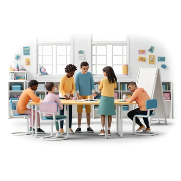 A classroom filled with diverse students working together on a project. In the center, a group of four students—one with short black hair, wearing glasses and a blue sweater, another with curly brown hair dressed in a yellow t-shirt, a third with long straight black hair in a green dress, and a fourth with shaved head wearing an orange hoodie—are gathered around a table, discussing ideas and sharing materials. They are surrounded by colorful posters on the walls showcasing different subjects like science and art. The classroom has large windows allowing natural light to illuminate the space, with bookshelves filled with various books in the background. Desks are arranged in clusters to encourage collaboration, while a teacher is standing by a whiteboard, guiding the students in their project.