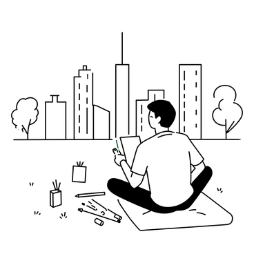 A man sitting on a blanket in a park, focusing intently on his sketchpad as he draws the city skyline in front of him. He has short hair and is wearing a casual shirt and jeans. A variety of art supplies including pencils, erasers, and a few small canvases are scattered around him. The skyline features tall buildings with distinct architectural styles, representing a bustling city. Trees and grass are visible in the park, creating a natural setting for his artistic endeavor.