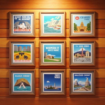 A collection of vintage posters featuring various designs and colors, displayed in a grid layout on a rustic wooden wall. The posters include advertisements, travel destinations, and iconic images from different eras. The wood of the wall shows visible grain and texture, enhancing the vintage feel. Each poster is framed in a simple, weathered border that complements the rustic setting. Soft lighting highlights the colors and details of the posters, casting subtle shadows on the wall.