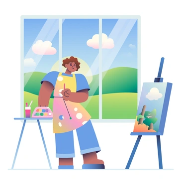 An artist with curly brown hair and wearing a paint-splattered apron is standing by a large window. They are gazing thoughtfully at a vibrant landscape outside, which features rolling green hills and a bright blue sky dotted with fluffy white clouds. The artist is holding a palette with a variety of colors in one hand and a paintbrush in the other. Sunlight streams through the window, illuminating their face and casting soft shadows in the room. On a nearby easel, a partially painted canvas captures the essence of the scene outside.