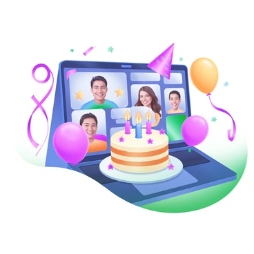 A modern pastel illustration depicting a virtual birthday party taking place on a computer screen. The screen displays a colorful birthday cake with lit candles on top. Surrounding the cake are vibrant balloons in various pastel colors, including pink, blue, and yellow. In the background, there are joyful faces of friends gathered on a video call, celebrating together. Streamers and party hats can be seen on the screen, enhancing the festive atmosphere.