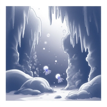 An underwater cave with rugged rock formations. The ceiling of the cave is adorned with numerous stalactites, some long and tapering, while others are short and bulbous. In the water, various bioluminescent creatures glow softly, providing an ethereal light that contrasts with the dark surroundings. The cave walls are textured and uneven, with shadows playing across them as the light from the creatures flickers gently. Bubbles rise from the depths, adding to the sense of an underwater environment.