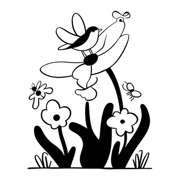 A "colombe" perched on a large, open flower, with its wings slightly spread. An "ant" is climbing up the stem of the flower, exploring its surroundings. Several other flowers of various sizes are scattered throughout the garden, with detailed petals and leaves. The ground is rich with textures, showcasing small pebbles and blades of grass. In the background, additional flowers create layers of interest in the scene.