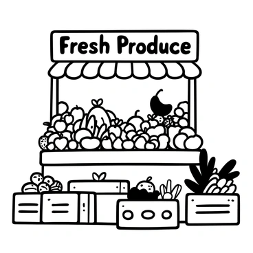 A market stand filled with an assortment of fresh fruits and vegetables. Various fruits are stacked high, including apples, oranges, and bananas, all arranged in a way that showcases their abundance. A selection of leafy greens and vibrant vegetables, such as peppers and carrots, complement the display. The stand is surrounded by wooden crates, adding to the rustic market feel. The words "Fresh Produce" are prominently displayed above the stand, emphasizing the variety available.