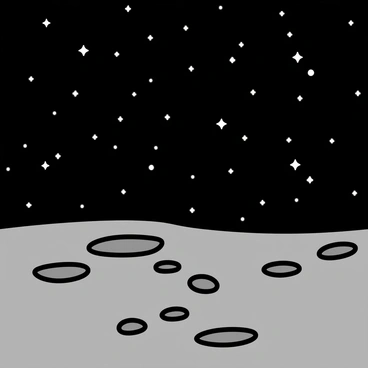 A lunar landscape featuring numerous craters with varying depths and sizes. The surface is a muted gray, showing a stark contrast against the deep black sky filled with countless stars. The stars twinkle brightly, scattered across the heavens, illuminating parts of the lunar terrain. The craters cast shadows, adding texture to the desolate scene.