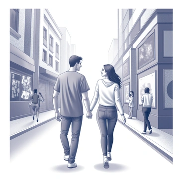 A couple walking through a bustling city street. The man and woman are holding hands, showcasing their connection. They are both looking at an assortment of street art displayed on the walls nearby. The surrounding environment includes a variety of buildings with interesting architectural details and people engaged in various activities. The couple's expressions reflect curiosity and delight as they admire the artistic creations.