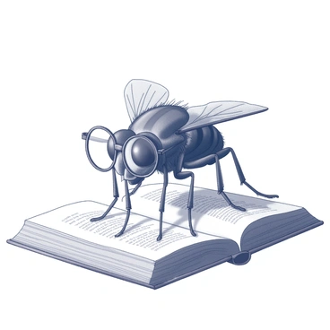 A fly sitting on a small surface. The fly has oversized glasses perched on its compound eyes, giving it a whimsical appearance. In its tiny legs, it holds an open book, which is proportionately small compared to its body. The intricate details of the fly's wings are visible as they catch the light. The book has text and tiny illustrations on the pages, suggesting it is filled with knowledge. The scene captures the fly deeply focused on reading, with its body leaning slightly forward.