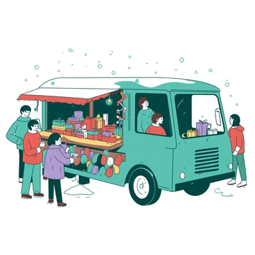 A teal truck decorated with colorful lights is parked at a bustling Christmas market. The truck's wooden side panel is open, revealing an array of handmade gifts neatly arranged inside. There are vibrant ribbons of various colors hanging from hooks on the side of the truck, fluttering gently in the winter breeze. People of different ages are gathered around the truck, browsing the unique items, with some holding warm mugs of hot chocolate. Snow gently falls, creating a festive atmosphere. The sky above is a soft white, adding to the charm of the scene.