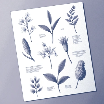 A tattoo sheet displayed flat on a textured surface, featuring a collection of various botanical designs. Each design showcases a different plant species, meticulously illustrated with detailed depictions of leaves, flowers, and stems. Accompanying each botanical illustration, there are unique scientific details written in elegant script, including the scientific names and descriptions of the plants. The overall composition is harmonious, with the designs arranged to create an aesthetically pleasing visual flow across the sheet.