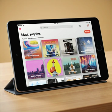 A digital interface of a music streaming platform displayed on a tablet. The screen showcases various colorful album covers, each featuring unique artwork. There are also several playlists with eye-catching titles written in bold typography. The background is a subtle gradient that complements the vibrant colors of the album covers. The tablet is placed on a wooden surface, with soft lighting illuminating the screen.