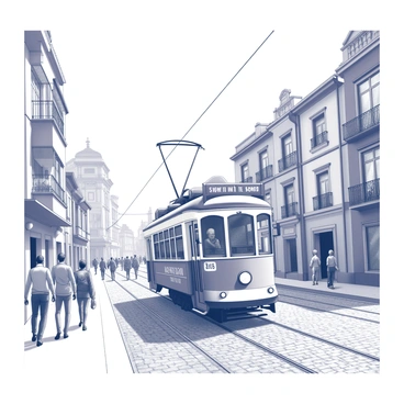 A vintage tram moving along a cobblestone street. The tram features ornate detailing and large windows. It is flanked by historic buildings with intricate architectural elements, such as balconies and decorative facades. The buildings vary in height, showcasing a mixture of styles from different eras. The scene captures the essence of a bustling urban environment, with pedestrians walking along the sidewalk, some stopping to admire the tram. The sky above is clear, providing an unobstructed view of the cityscape.