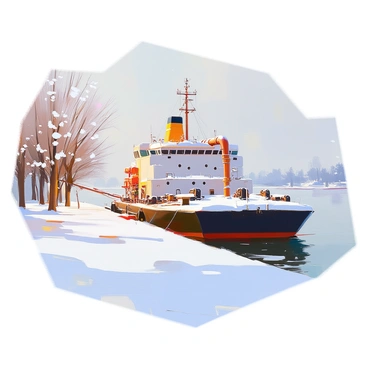 A bunker barge is securely docked at a snowy pier, surrounded by a landscape blanketed in fresh snow. The deck of the barge is coated with a layer of frost, glistening under the soft light. In the background, snow-covered trees line the shore, their branches heavy with white powder. The scene captures the stillness of winter, with gentle snowflakes falling from the overcast sky. The structure of the barge is industrial, with pipes and equipment visible, contrasting with the serene, white surroundings.