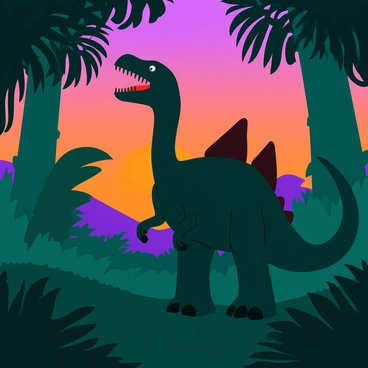 A spinosaurus silhouette stands tall, its distinctive sail-like structure prominently displayed, as it roars fiercely. The creature is positioned amidst dense, lush jungle foliage, with thick green leaves and towering trees surrounding it. The sunset casts a warm orange and purple hue across the sky, creating a dramatic backdrop. Shadows of branches and leaves filter the fading light, enhancing the scene's depth and intensity. The ground is covered with ferns and underbrush, adding to the rich texture of this vibrant jungle setting.