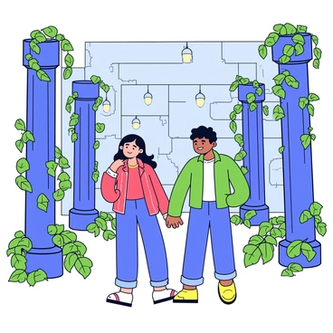 A couple walking hand in hand among ancient ruins covered in thick, overgrown vines. The ruins consist of stone columns and crumbling walls, showcasing intricate carvings worn by time. Small, glowing lights hang in the air, illuminating the scene with a soft, enchanting glow. The couple wears casual clothing, and their expressions show curiosity and wonder as they explore this forgotten place. Lush greenery surrounds the ruins, with various plants climbing over the stones.