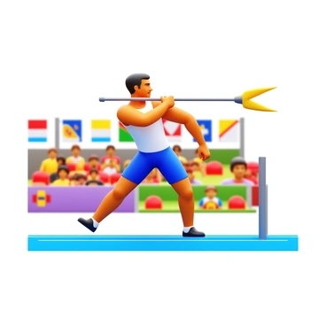 An athlete in a dynamic pose is launching a javelin with great power and precision. They are wearing a fitted athletic uniform, showcasing their muscular build. The javelin is in mid-flight, illustrating the force of the throw. The athlete's expression reflects focus and determination. In the background, there are spectators cheering, and colorful banners representing various teams. The track surface is visible beneath their feet, with markings indicating the throwing area.