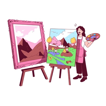 An artist showcasing a fancy, serious art piece next to a funny cartoon version of the same scene.