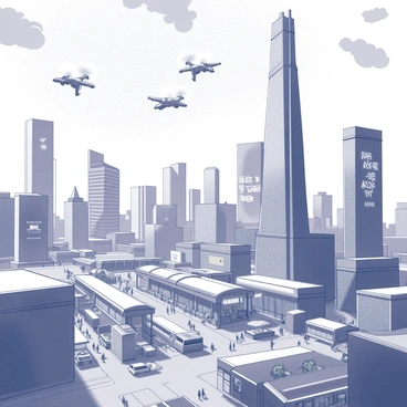 A sprawling cityscape filled with towering skyscrapers and advanced architecture. The buildings feature sharp angles and sleek designs, some with large glass windows reflecting the surroundings. Streets bustle with futuristic vehicles moving along elevated roads. In the foreground, a vibrant marketplace is visible with various stalls and people interacting. Above, a network of flying drones navigates through the air. Digital billboards display advertisements with moving text and images. The sky showcases a complex web of clouds intertwined with bright lights.