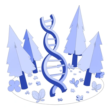 A forest landscape is depicted with DNA polymerase enzymes shaped like trees. Each tree has a trunk that represents the enzyme structure, and the branches are intricately designed to resemble strands of DNA, spiraling and twisting outward. The trees vary in height and width, some towering above while others are shorter and bushier. The ground is covered with a carpet of green foliage, with smaller plants mimicking the shapes of nucleotides scattered among the tree trunks. Soft shadows fall across the scene, accentuating the height of the trees and the complexity of the DNA branches.