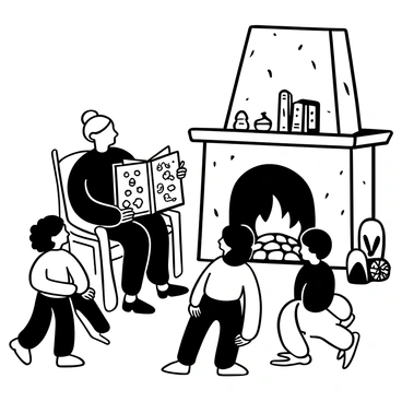 An elderly grandmother sitting on a wooden chair next to a glowing fireplace, surrounded by a circle of attentive children. The grandmother is holding a large, open storybook in her lap, with pages filled with intricate illustrations. The children are leaning forward eagerly, their hands resting on their knees, listening intently. The fireplace is made of stone, with a few logs burning brightly. Shadows dance on the walls, adding depth to the cozy atmosphere. A knitted blanket drapes over the grandmother's lap, and a nearby shelf holds a collection of neatly arranged books and trinkets.