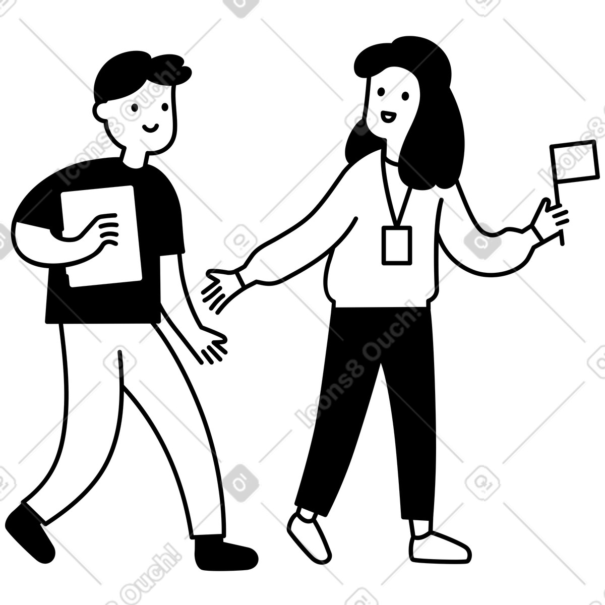Team members walking together discussing project with paper and id badge illustration in Notion Line Art style download in PNG, SVG