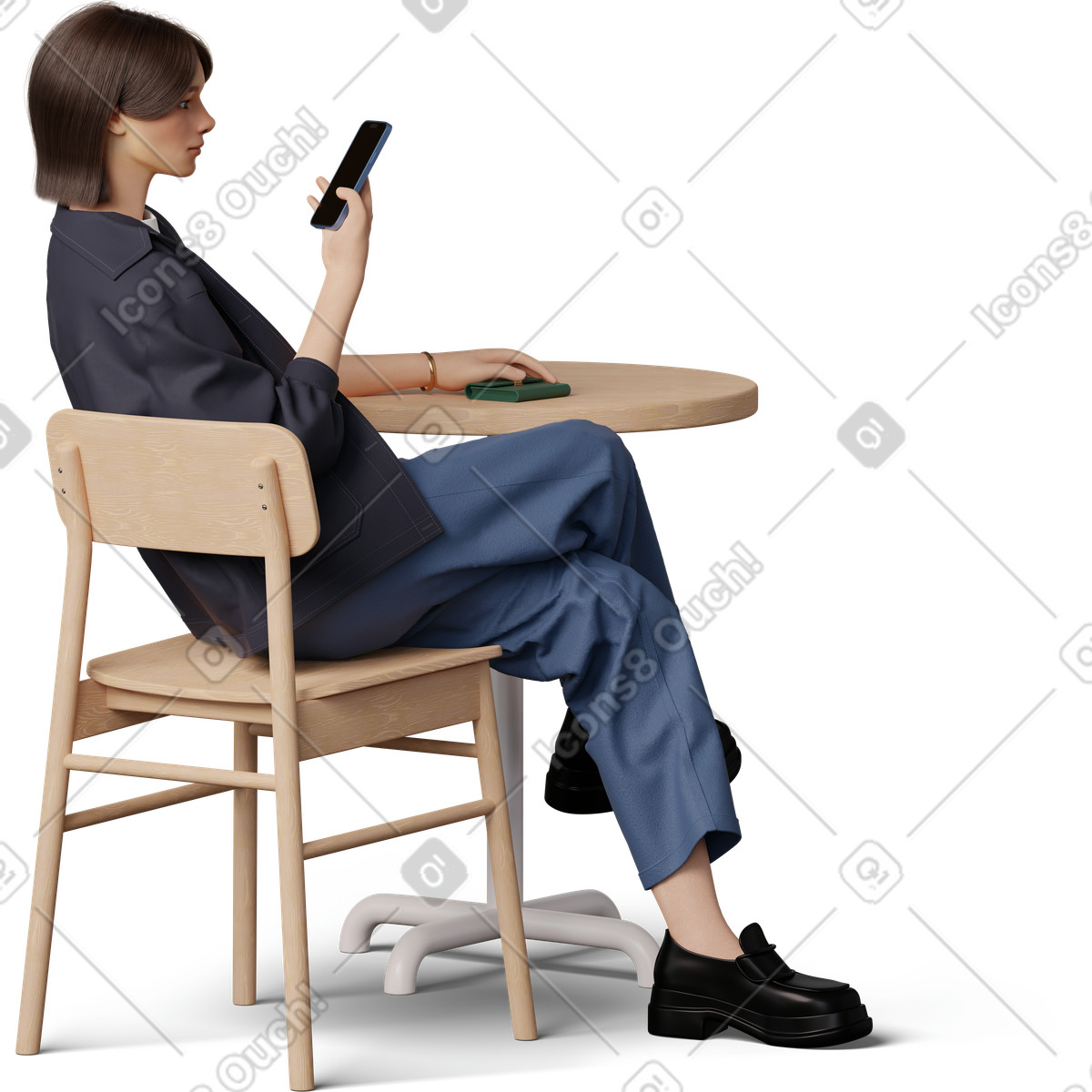 下载 3D Hygge 风格的 年轻女孩看着手机 插画，支持 PNG、SVG 格式