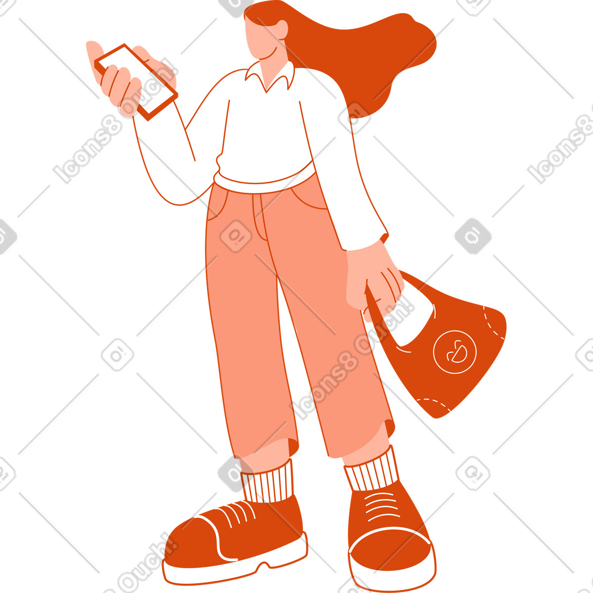 Donna con borsa e telefono illustrazione in stile Orange scarica in PNG, SVG