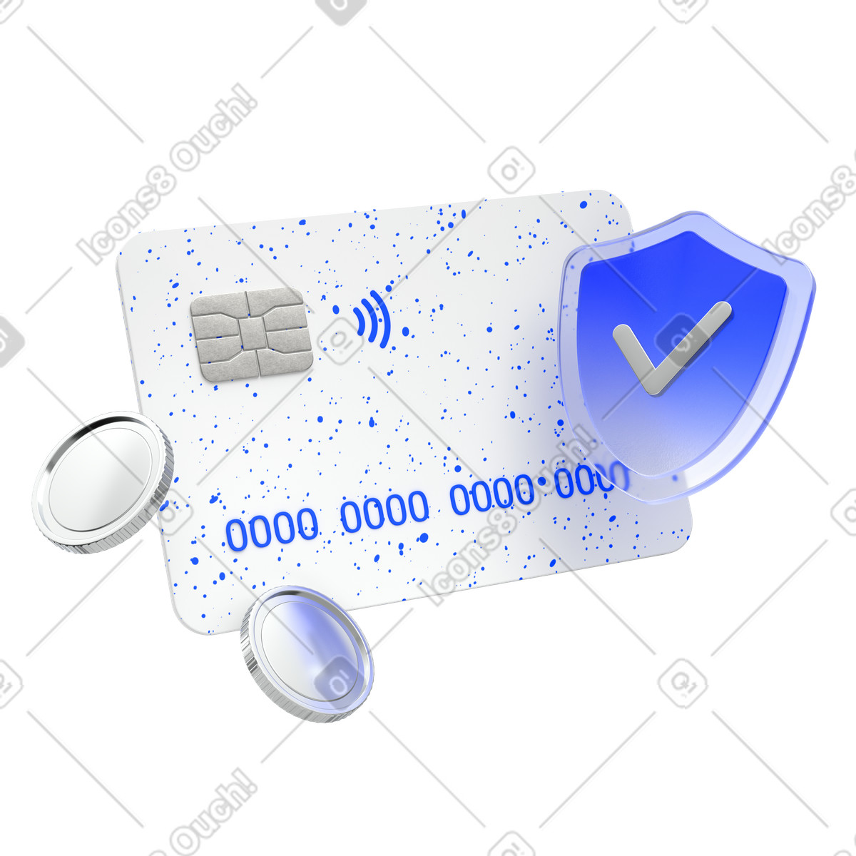 Ilustración Tarjeta bancaria 3d con escudo y monedas, pago seguro en línea, seguridad digital estilo Enterprise a descargar PNG SVG